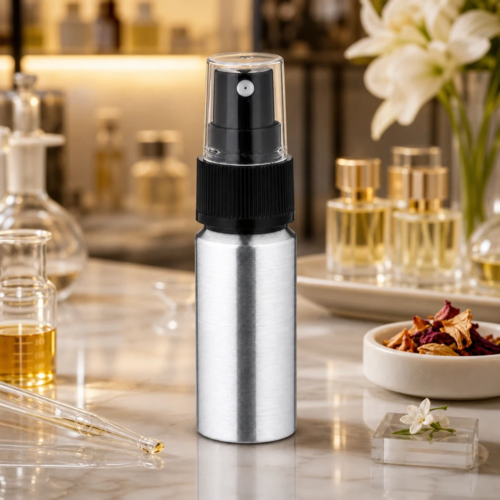 20 ml flaske i poleret aluminium med forstøver Sølvfarvet 20 ml aluminiumsflaske med forstøver - ideel rejsestørrelse til parfume og kosmetik