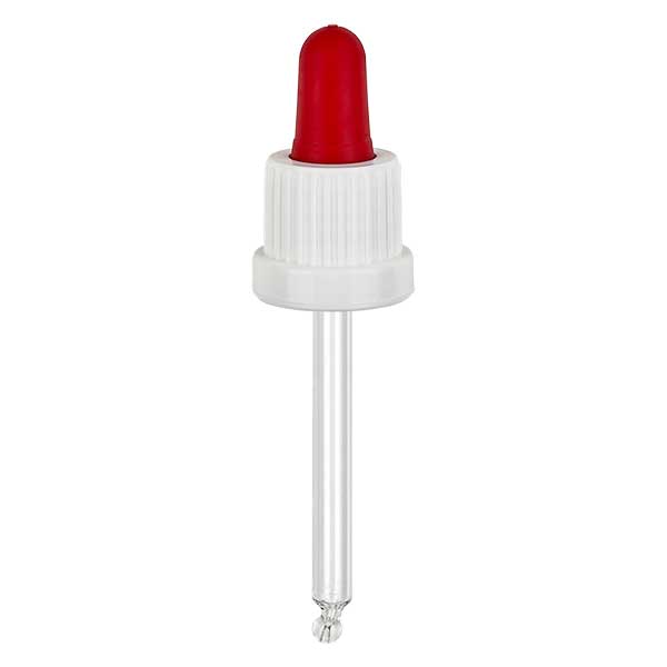 Pipettehætte hvid/rød DIN18, 66 mm pipettelængde med tamper-evident ring. Alkoholtæt. Til ApoGlas® 20ml Brown(+++) & 20ml Mironglas(+++) med 18mm gevind.