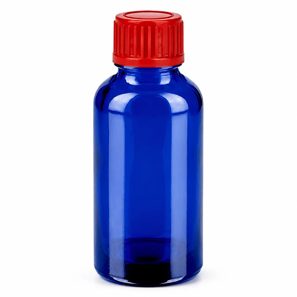 30 ml flaske 11 mm SV rød STD BlueLine UT18/30 30 ml blå glasflaske med rødt skruelåg til kosmetik og lægemidler