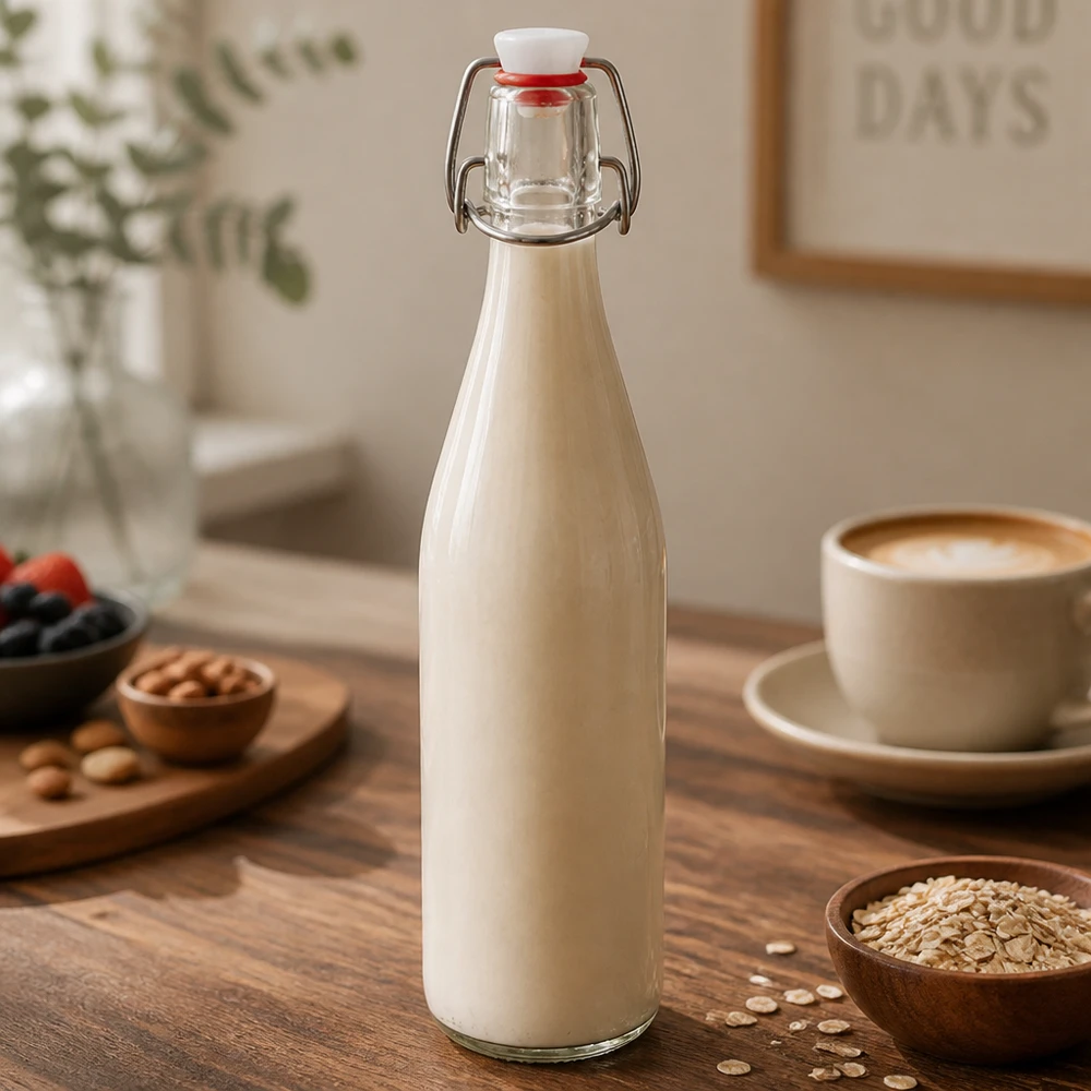 500 ml glasflaske og hængelåg porcelæn UNiTWIST Glasflaske med svinglåg 500 ml fyldt med havremælk på træbord ved siden af kaffekop og havregryn