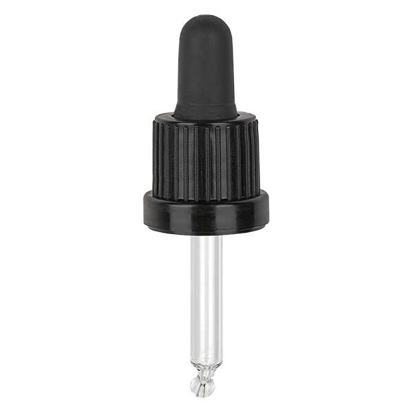 Pipettehætte sort DIN18, 44 mm pipettelængde med tamper-evident ring. Alkoholtæt. Til ApoGlas® 5ml Braun(++) & 5ml Mironglas(+++) med 18mm gevind.