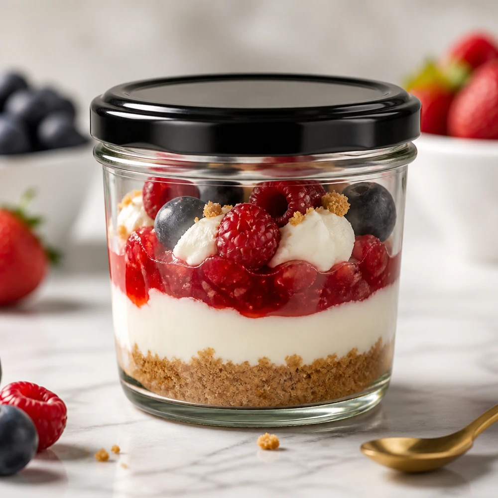 230 ml Briller med BasicSeal-låg sort UNiTWIST 230 ml glas med BasicSeal-låg i sort fyldt med bærdessert viser elegant portionering og præsentation