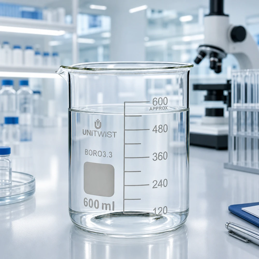Bæger 600 ml borosilikat, lav form UNiTWIST UNiTWIST bæger, 600 ml, borosilikatglas 3.3, gennemsigtigt, med mærkningsfelt, til moderne laboratorier