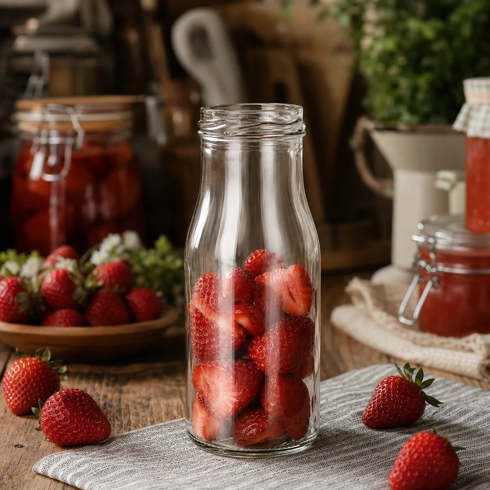 UNiTWIST Bottle150 - Flaske med indhold 150 ml TO43 UNiTWIST Bottle150 Glasflaske 150 ml TO43 fyldt med friske jordbær på et rustikt træbord med syltetøjsglas