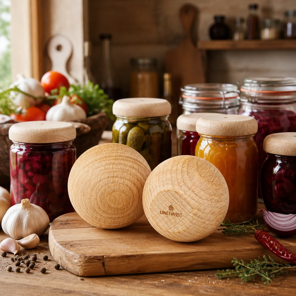 UNiTWIST trækugle (bøg) til WECK RR60 UNiTWIST WECK RR60-kugler i bøgetræ i et rustikt køkken med syltetøjsglas og friske ingredienser Eksempel på anvendelse