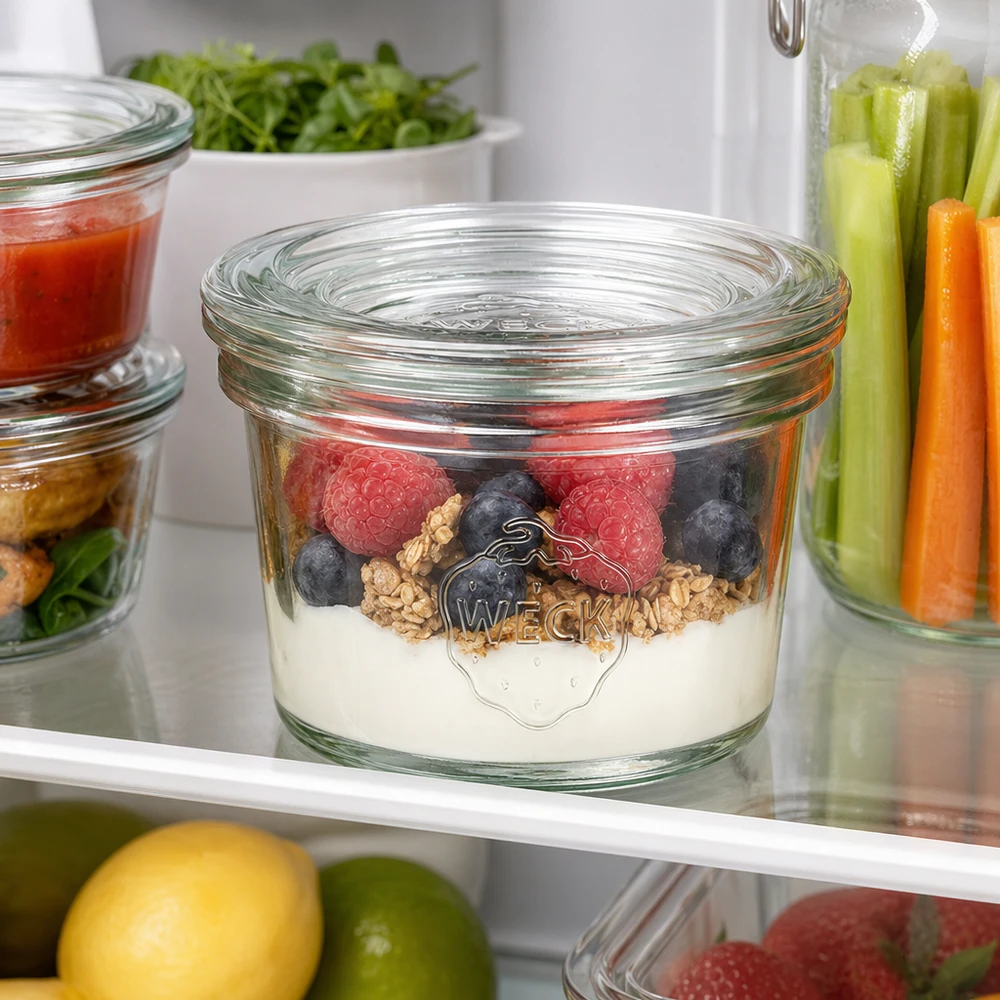 35 ml Briller med glaslåg WECK RR40 35 ml WECK RR40-bægre med yoghurt, bær og nødder i køleskabet ved siden af grøntsagsstænger og krydderurter