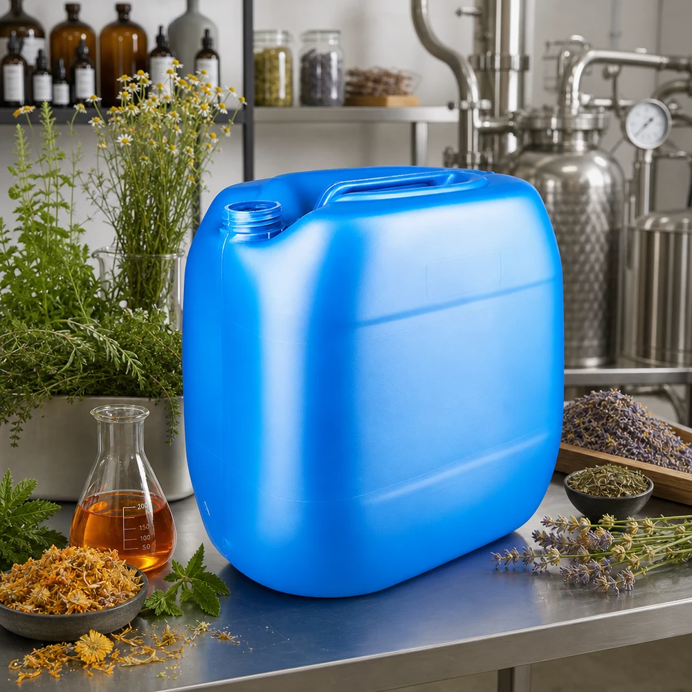 Stor blå plastdunk på 30 liter uden låg, omgivet af urter og et destillationsanlæg
