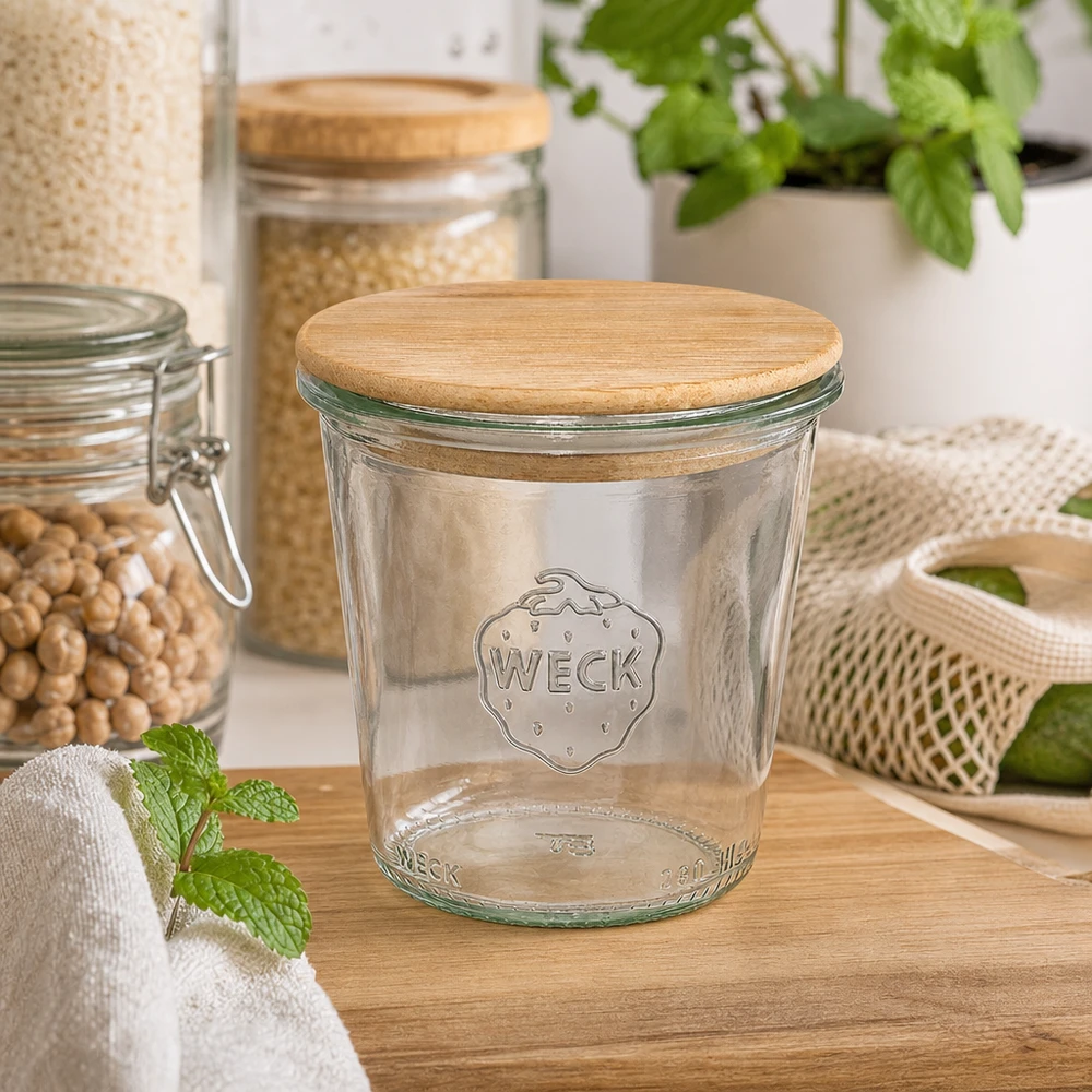290 ml høje Briller WECK RR80 med trælåg WECK drikkeglas 290 ml RR80 med trælåg i bæredygtigt køkken med opbevaringskrukker urter og naturmaterialer