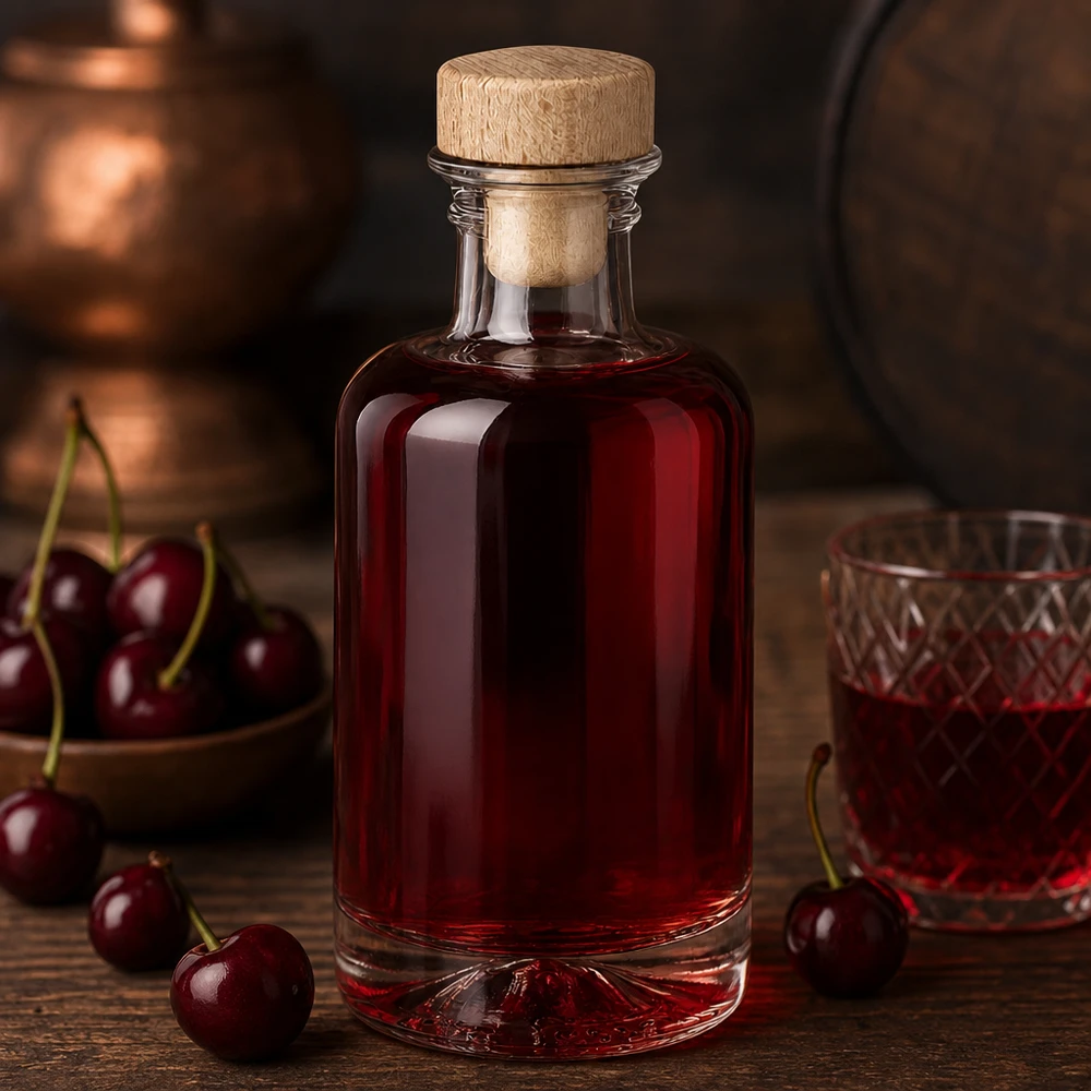 100 ml apoteksflaske Sofia med træhåndtag og prop UNiTWIST® 100ml Glasflasche Sofia mit Holzkorken gefüllt mit rotem Kirschlikör neben frischen Kirschen rustikale Küche