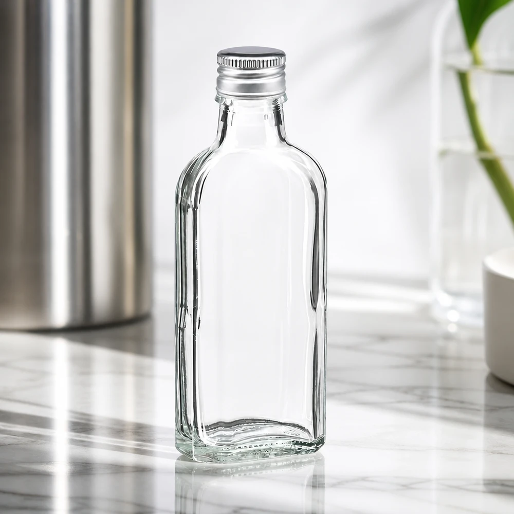 Gennemsigtig Meplat-glasflaske på 100 ml med sølvfarvet aluminiumslåg PP22 på marmor