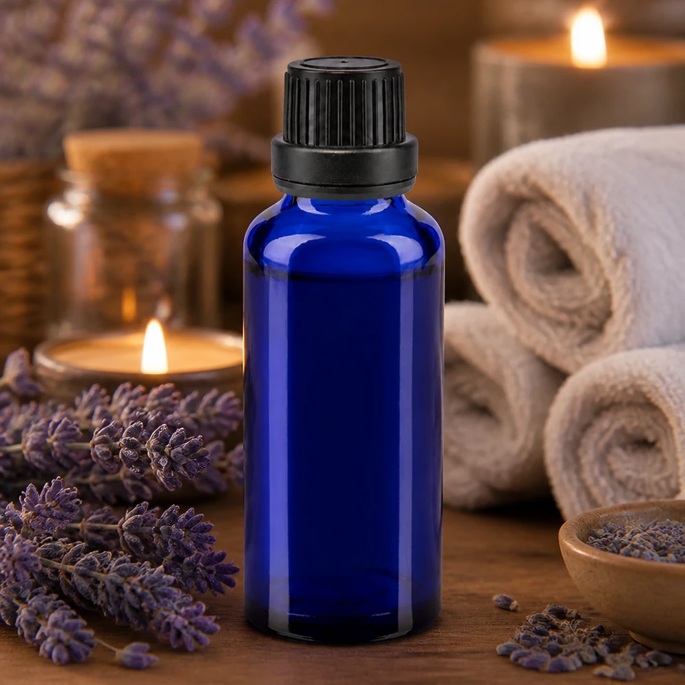 Blå glasflaske på 30 ml med dråbeforsegling til lavendelolie og aromaterapi