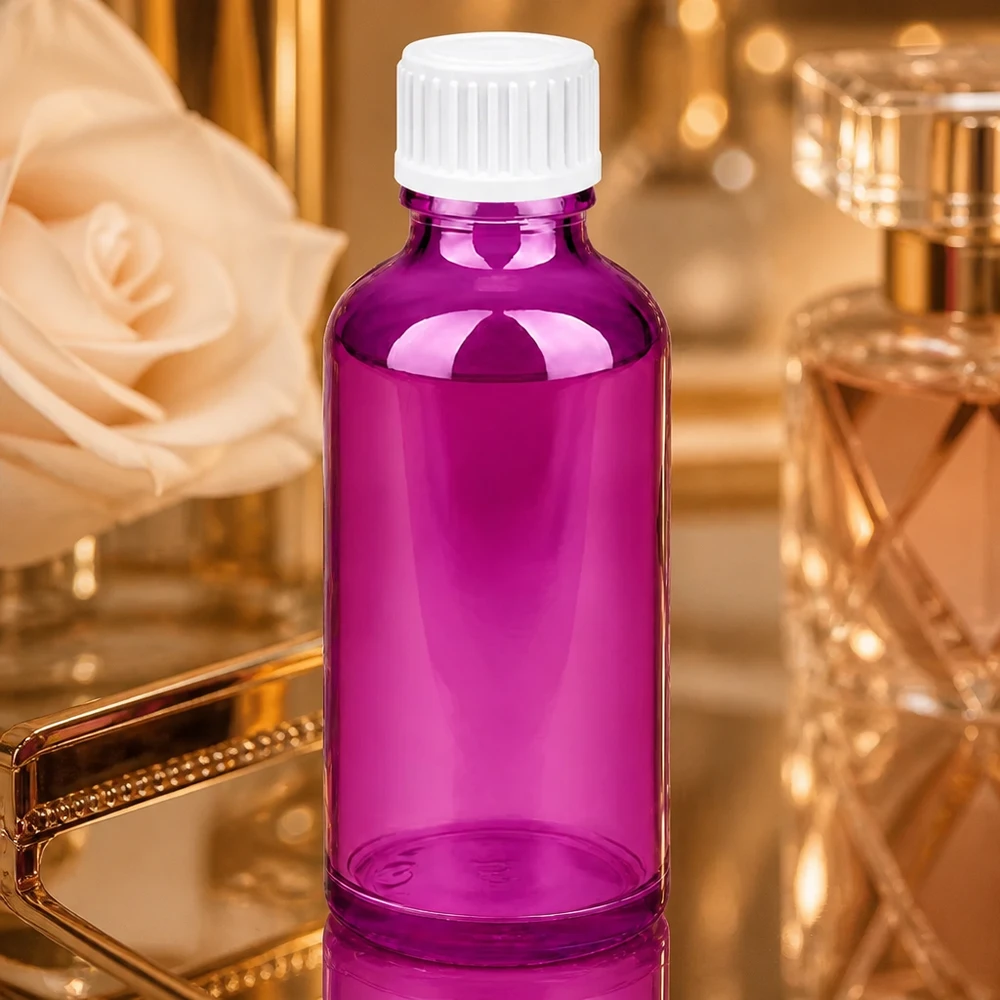50 ml (globule) flaske 3 mm hældering hvid Standard PurpleLine. UT18/50 50 ml glasflaske af høj kvalitet med 18 mm gevind i transparent lilla til farmaceutiske anvendelser
