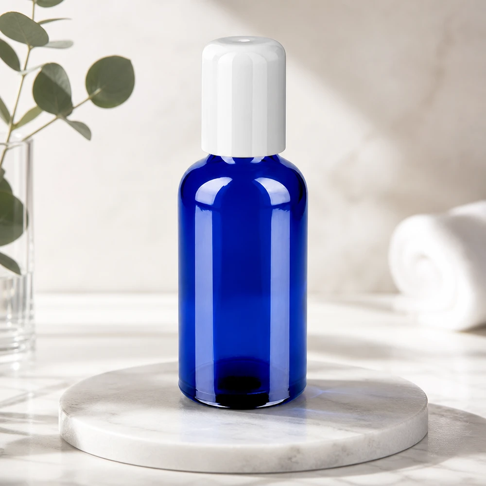 50 ml roll-on flaske hvid STD BlueLine UT18/50 Koboltblå 50 ml roll-on-glasflaske STD BlueLine med hvid hætte til mobil brug