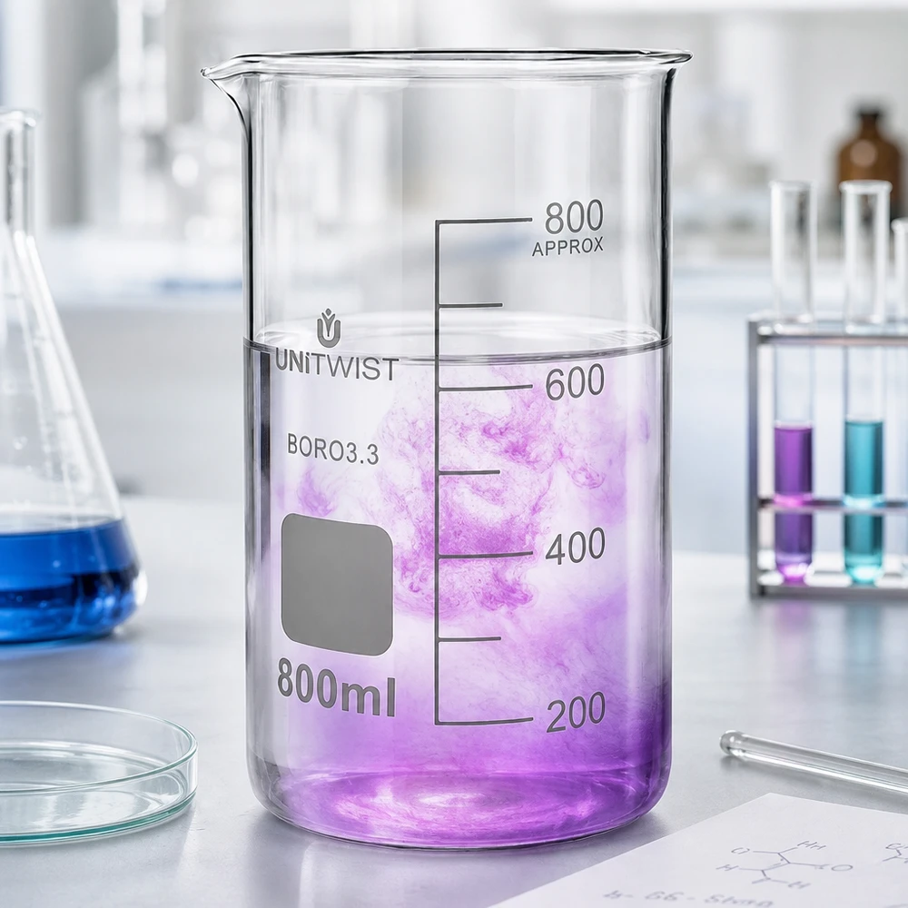 800 ml begerglas, høj model UNITWIST, med violet væske i laboratoriet, borosilikatglas