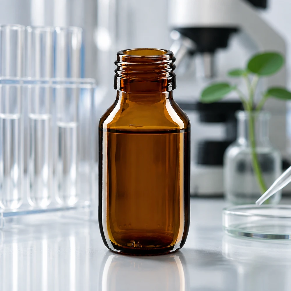 50 ml medicinflaske brun, uden hætte PP28 ApoGlas. Farmaceutisk kvalitet fra EU-produktion. 28 mm gevind. (sirup, let glasflaske) Lille 50 ml apotekerflaske i ravfarvet glas uden låg med PP28-gevind til laboratoriebrug