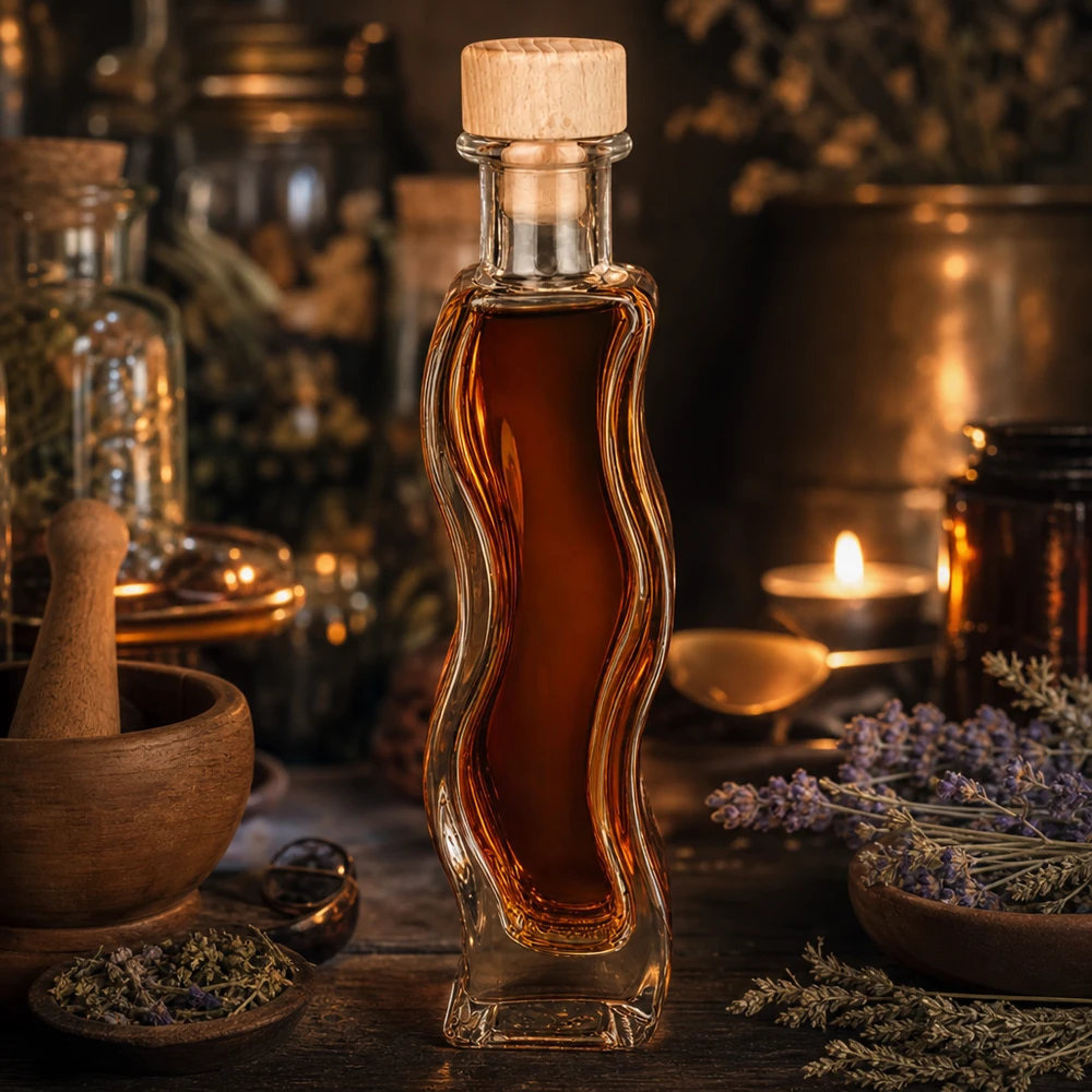 100 ml Glasflaske Melissa med træhåndtag og prop UNiTWIST® 100 ml Melissa-glasflaske med ravfarvet indhold træprop rustik apotekeratmosfære lavendel stearinlyslys