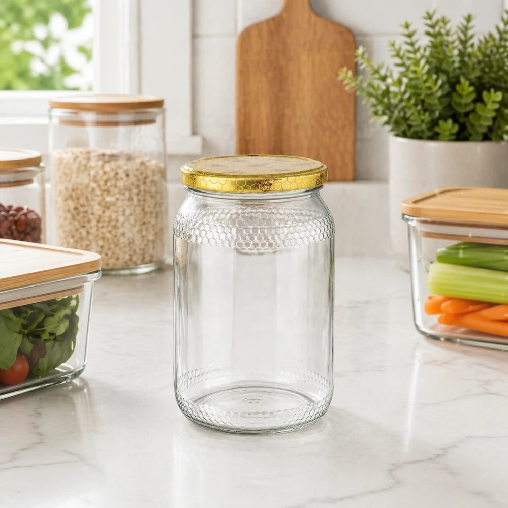 1260 g honningglas med låg med honningkagemønster BasicSeal UNiTWIST 900 ml honningkrukke med gyldent låg står tom på marmorbordplade mellem opbevaringskrukker i moderne køkken