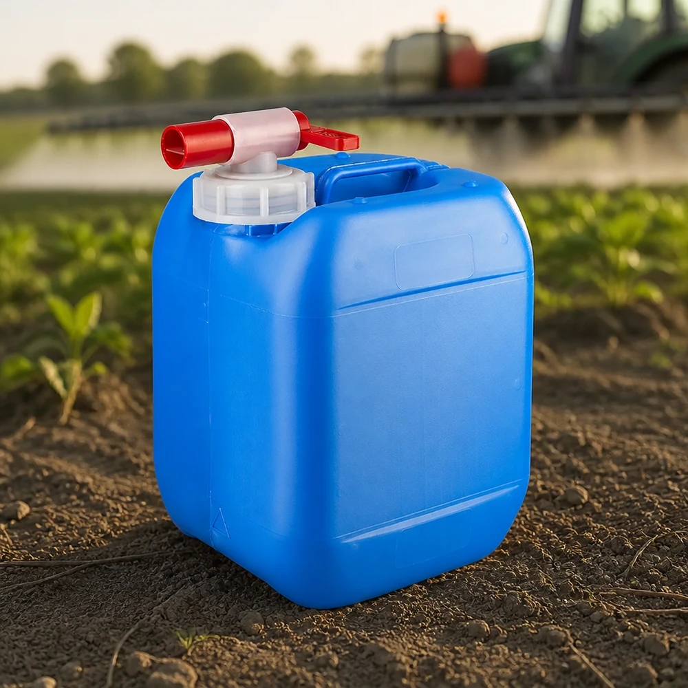 Blå 5-liters HDPE-kanister med udløbshane på en mark foran en traktor under sprøjtearbejde