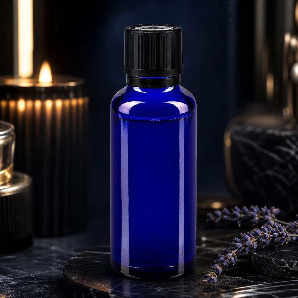 Blå 30 ml glasflaske med sort skruelåg og børnesikring til æteriske olier
