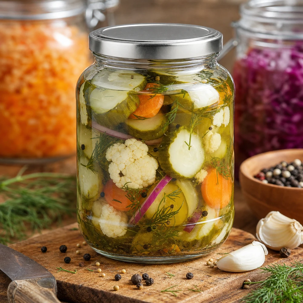 370 ml oval krukke med BasicSeal-låg sølv UNiTWIST 370 ml oval krukke med BasicSeal-låg fuld af fermenterede grøntsager og krydderurter på en træplade med krydderier