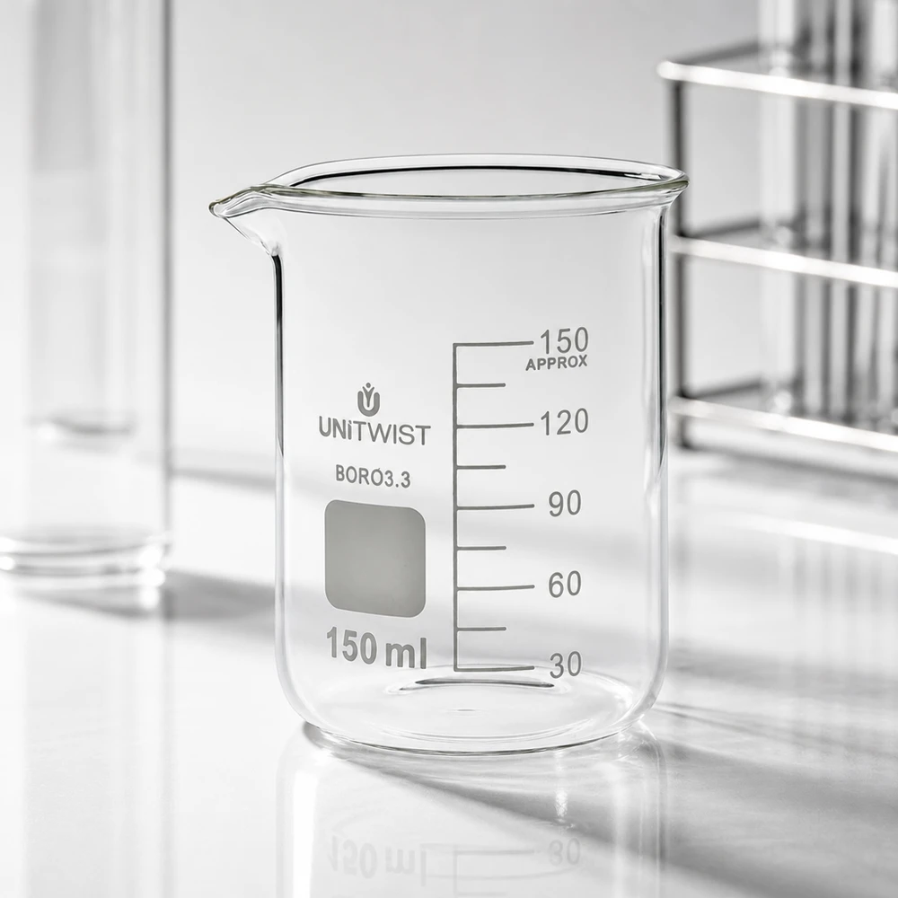 Bæger 150 ml borosilikat, lav form UNiTwist UNiTwist bægerglas 150 ml, borosilikat 3.3, lav form, tomt på hvid laboratorieplade