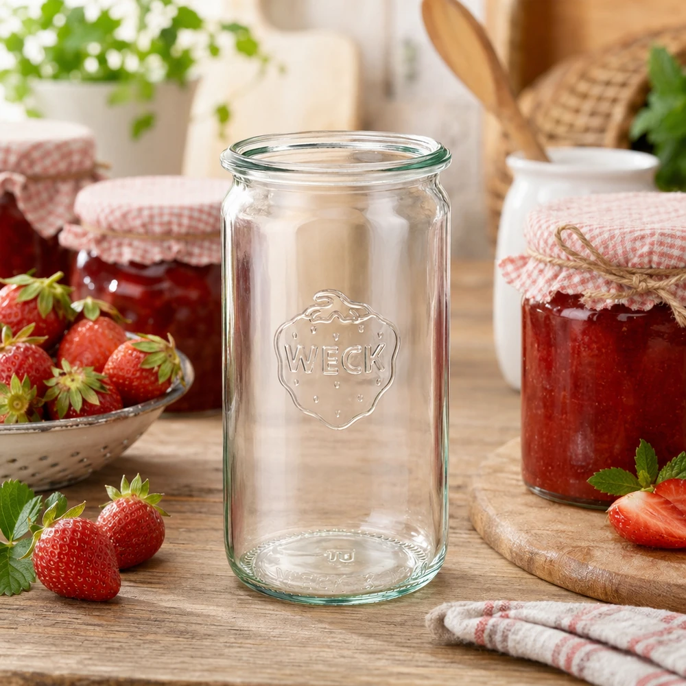 340 ml WECK RR60-glasbeholder WECK cylinderglas 340ml RR60 i køkkenscene med jordbær og hjemmelavet marmelade på træbord
