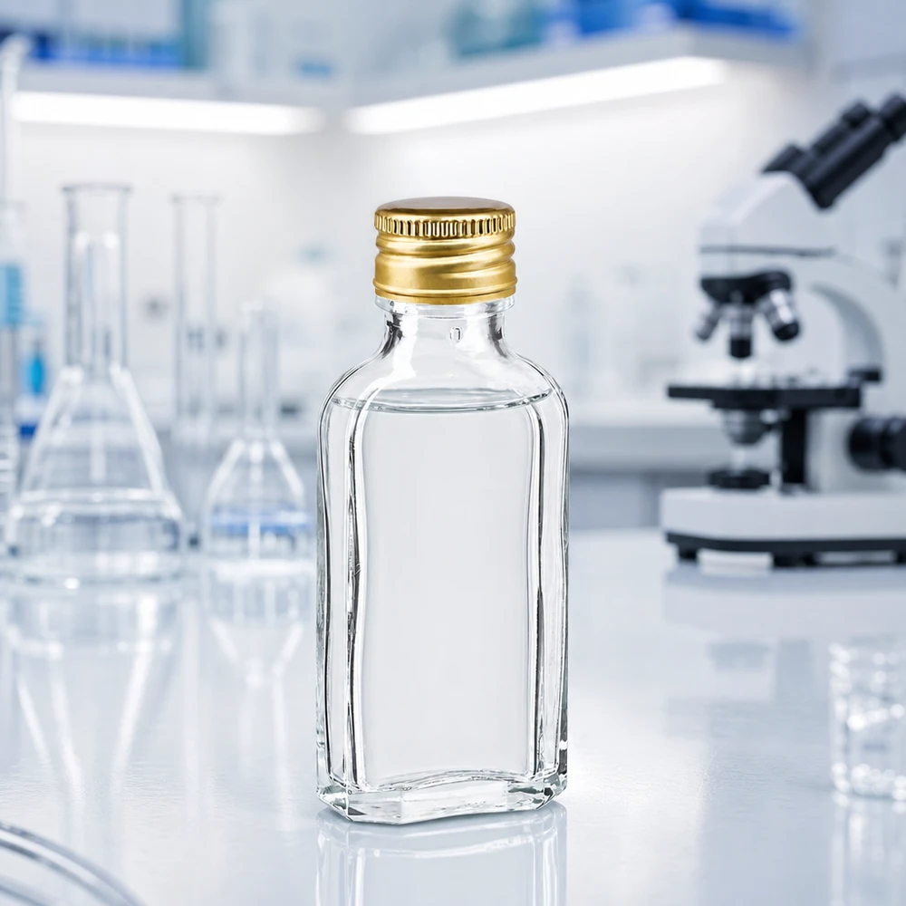 50 ml Meplat klar med aluminiumshætte guld PP22 Gennemsigtig 50 ml glasflaske i flad, afsatsformet udførelse med gylden aluminiumsskruelåg PP22 til laboratoriebrug