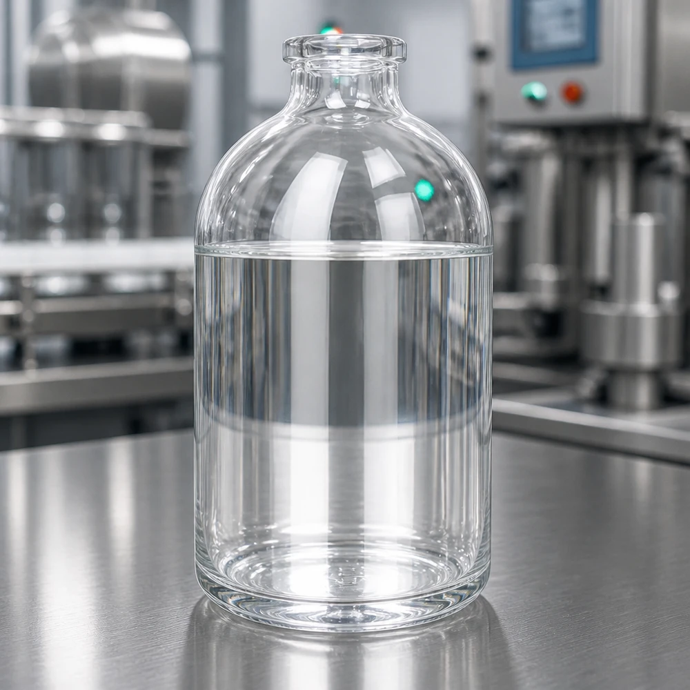 Injektionsflaske i klart glas 100 ml Medizinische Klarglasflasche 100ml mit flachem Standboden vor industriellem Maschinenhintergrund