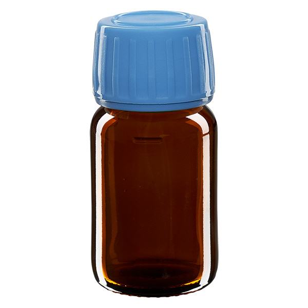 30 ml medicinflaske brun, blå hætte med manipulationssikker ring ApoGlas. Farmaceutisk kvalitet fra EU-produktion. 28 mm (PP28) gevind. (sirup, lys glasflaske) 30 ml medicinflaske brun, blå hætte med manipulationssikker ring ApoGlas. Farmaceutisk kvalitet fra EU-produktion. 28 mm (PP28) gevind. (sirup, lys glasflaske)