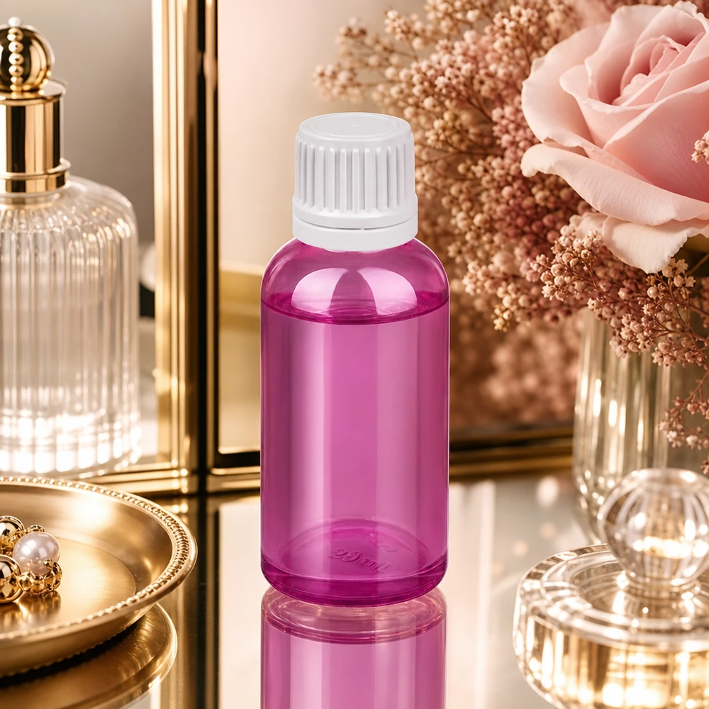 30 ml flaske 11 mm skruelåg hvid Originality skruelåg PurpleLine UT18/30 30 ml flaske med 11 mm åbning i violet til præcis dosering af plejeolier og essenser