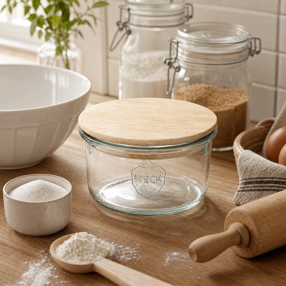 165 ml Briller WECK RR80 med trælåg WECK RR80 165 ml murerbalje med bambuslåg i en naturlig køkkenscene med bageingredienser og træredskaber