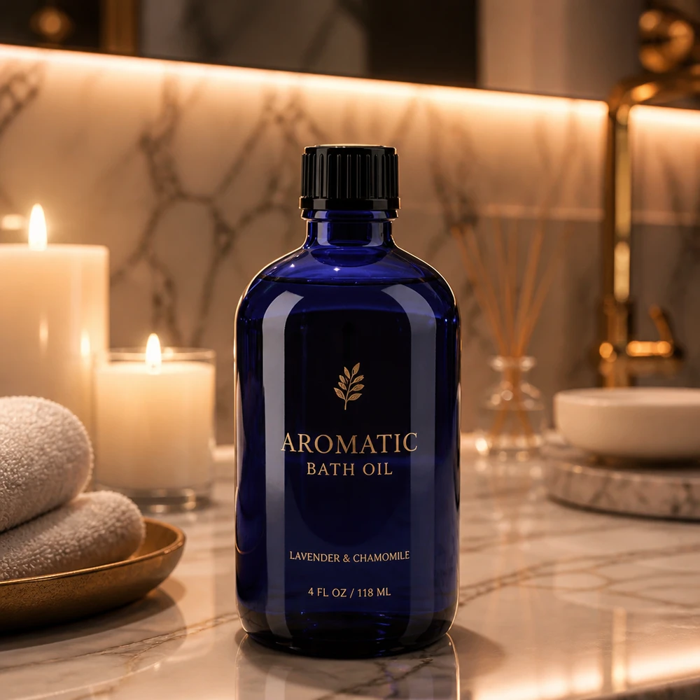 Blå 100 ml glasflaske med sort dråbeforsegling til æteriske olier og aromaprodukter