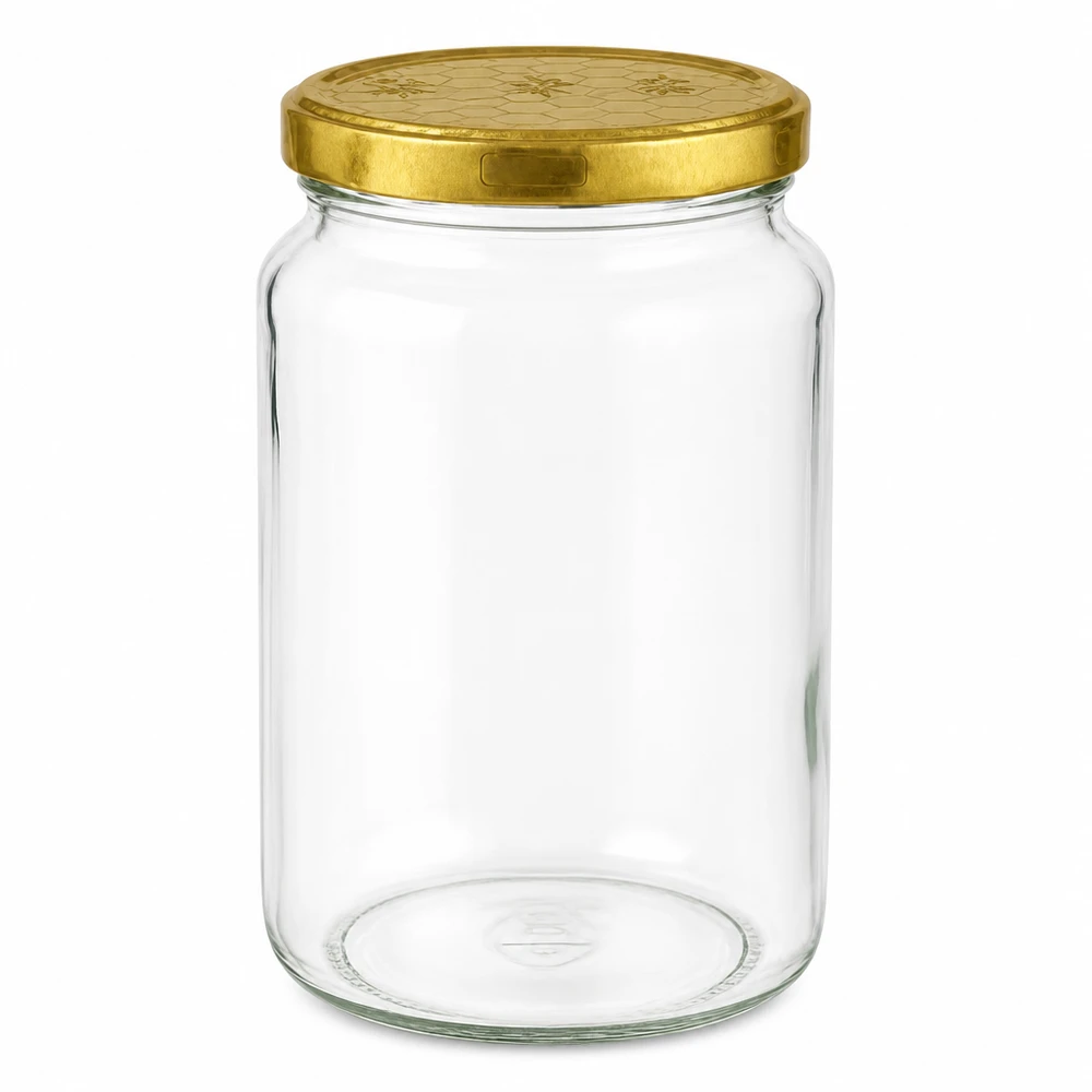795 ml rund krukke + BasicSeal-låg honeycomb UNiTWIST 795 ml rund krukke med gyldent BasicSeal-låg honeycomb UN-lukning til honning og marmelade