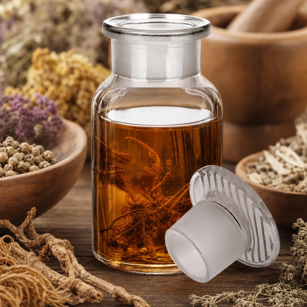Rund skulderflaske 100 ml klar glasprop med bred hals Rundskulderflaske, 100 ml, klar, med bredhalset glasprop til urteekstrakter og tinkturer