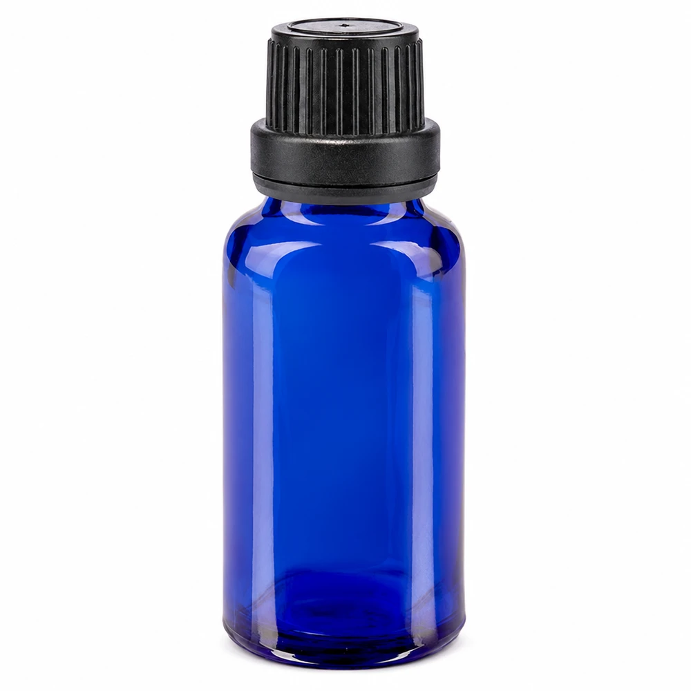 Apoteksflaske blå 20 ml skruelåg sort tæt OV 20 ml blå apotekerflaske af glas med sort originalitetslukning, 11 mm