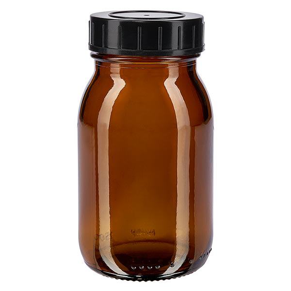 150 ml flaske med bred hals i ravfarvet glas med skruelåg