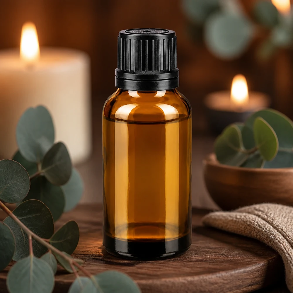 Apoteksflaske brun 20ml dryp v. Pr. 1mm sort OV Brun glasflaske på 20 ml med sort dråbepropp på træ med eukalyptus og stearinlys