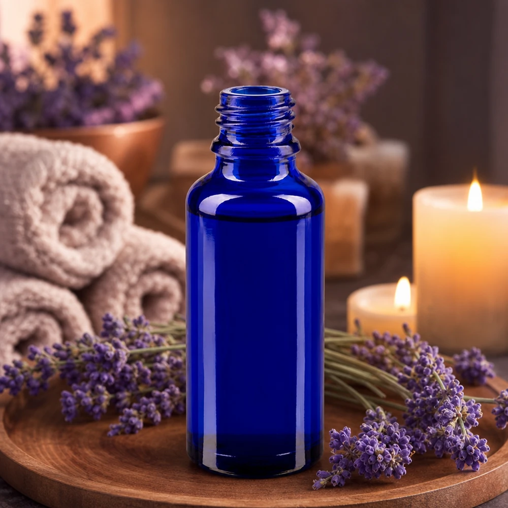 En lille 30 ml ApoGlas-apotekflaske i dyb blå farve ved siden af friske lavendelblomster