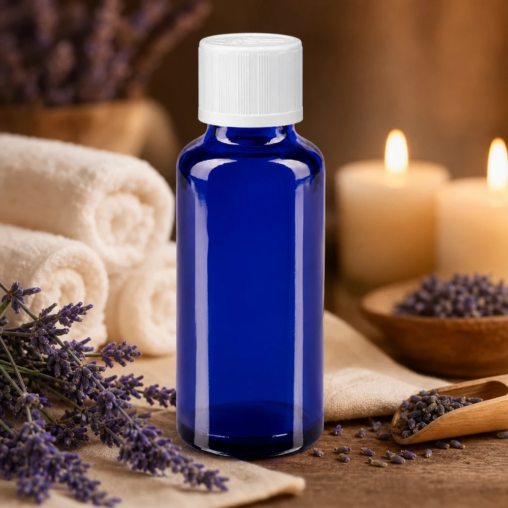 Apoteksflaske blå 30ml dråbetæller hvid KiSi St Blå glasflaske på 30 ml med dråbeindsats, omgivet af lavendelblomster og stearinlys til aromaterapi