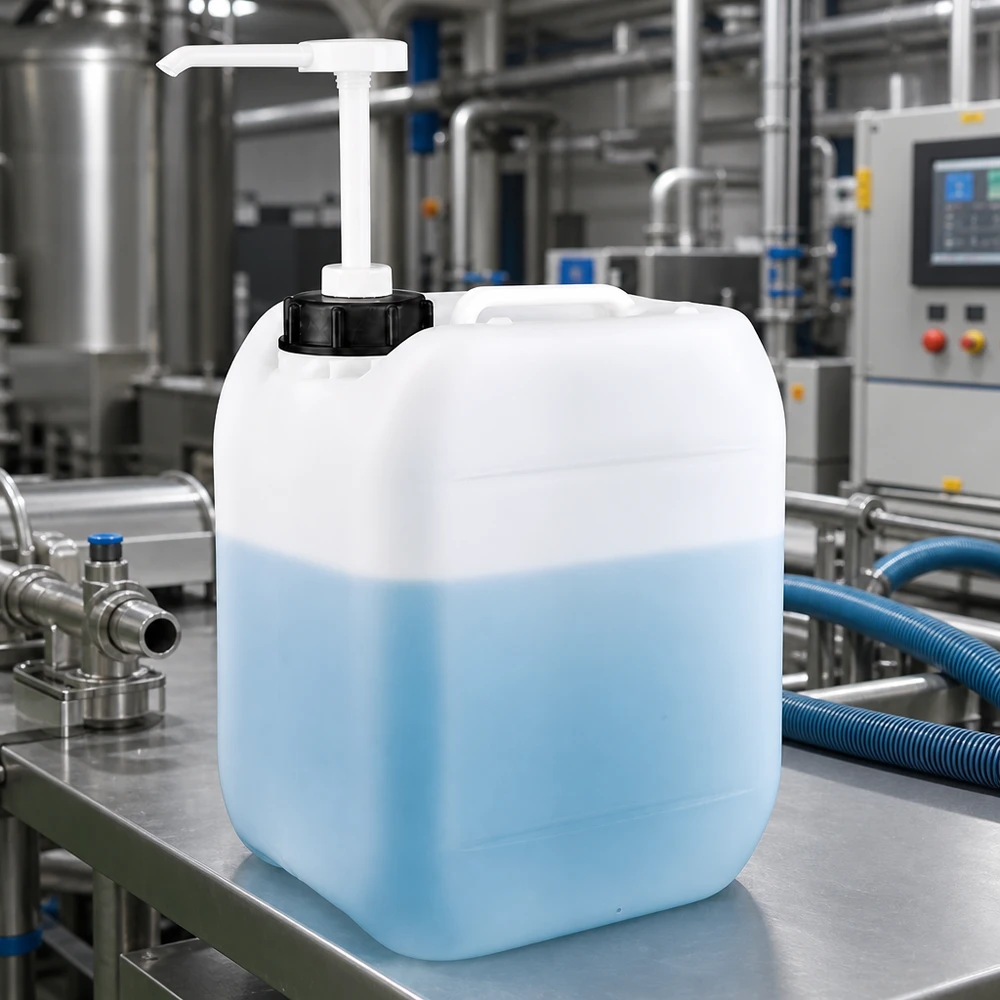 Beholder 5 liter med doseringspumpe Gennemsigtig 5-liters dunk med blå væske og hvid doseringspumpe i et industrielt produktionsanlæg