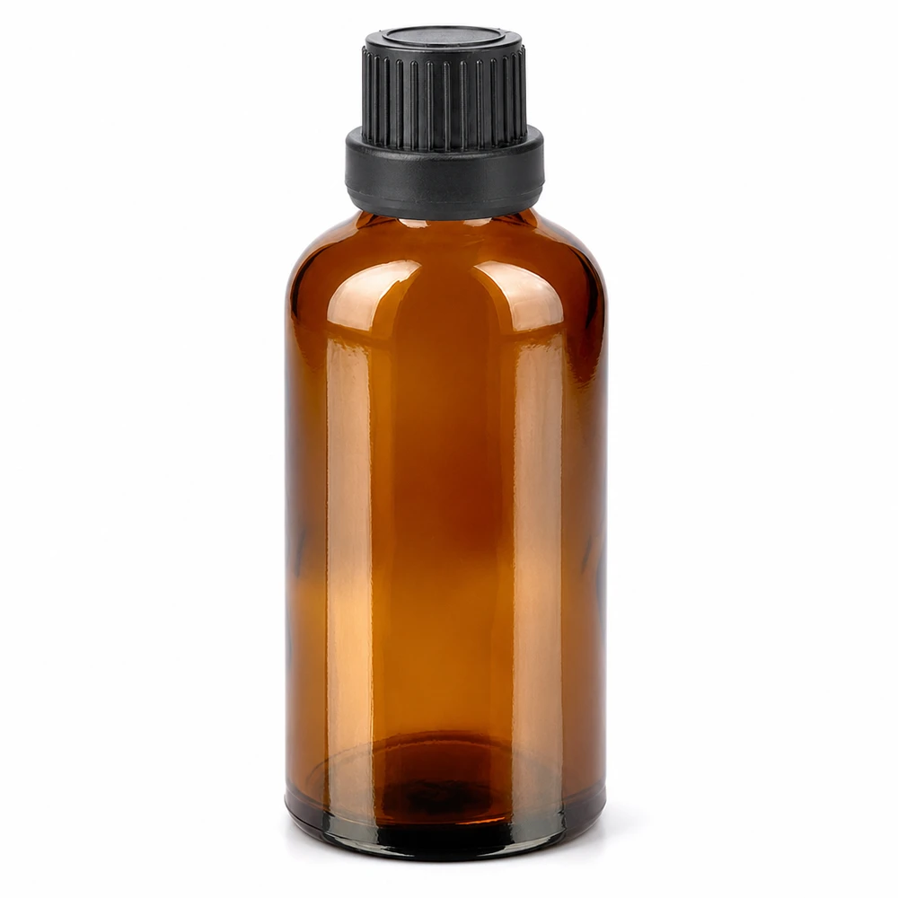 50 ml flaske 11 mm SV sort OV BrownLine UT18/50 50 ml ravfarvet glasflaske med sort skruelåg til æteriske olier og kosmetik