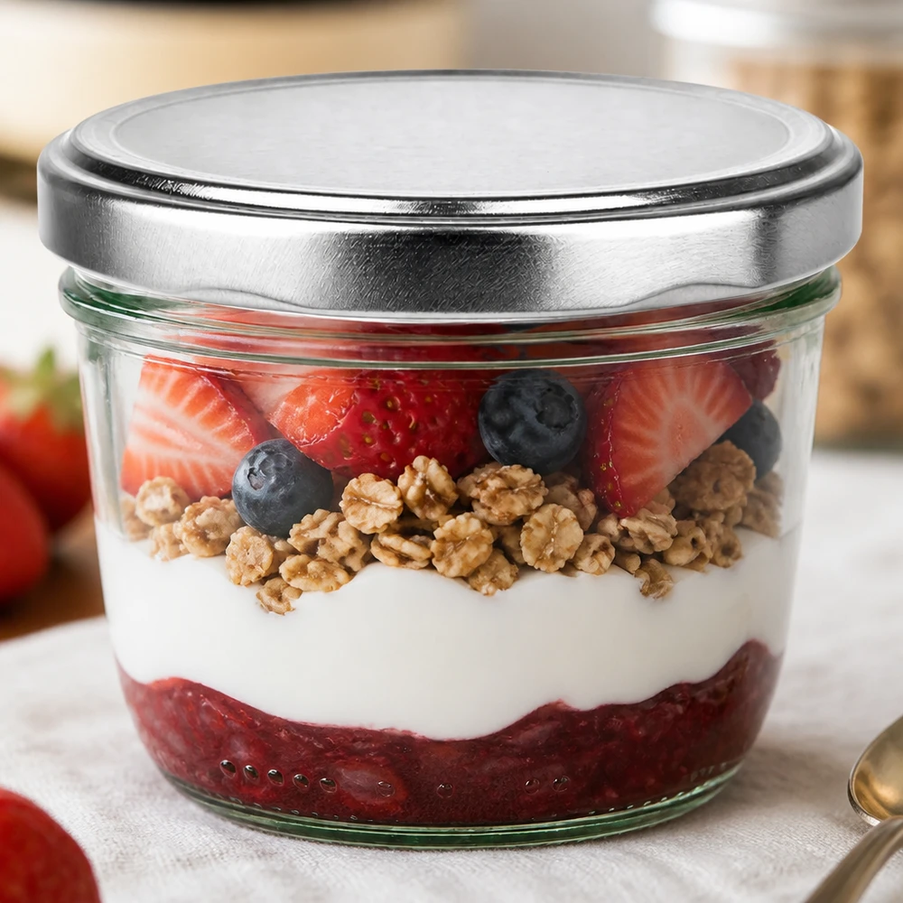 230 ml Briller med BasicSeal-låg sølv UNiTWIST 230 ml glas med sølvfarvet BasicSeal-låg fyldt med yoghurt, bær og nødder som en dessert i en krukke Eksempel på anvendelse
