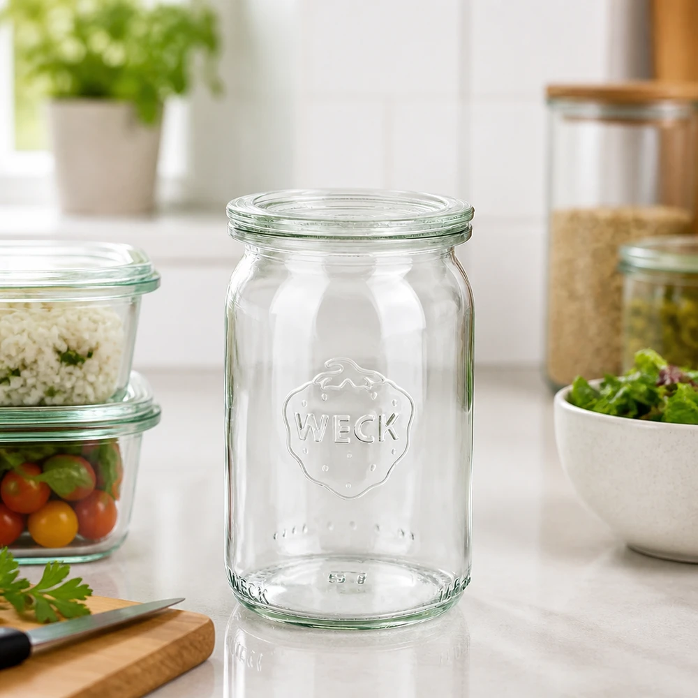 145 ml cylinderglas med glaslåg WECK RR40 WECK 145 ml cylinderkrukke RR40 tom på køkkenbordet med opbevaringskrukker og friske krydderurter i baggrunden