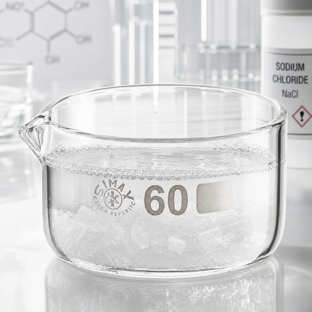 Krystalliseringsskål 60 ml med borosilikat-tud Krystalliseringsskål 60 ml med natriumchloridkrystaller, laboratorieglasskål, flad udformning, hældetud
