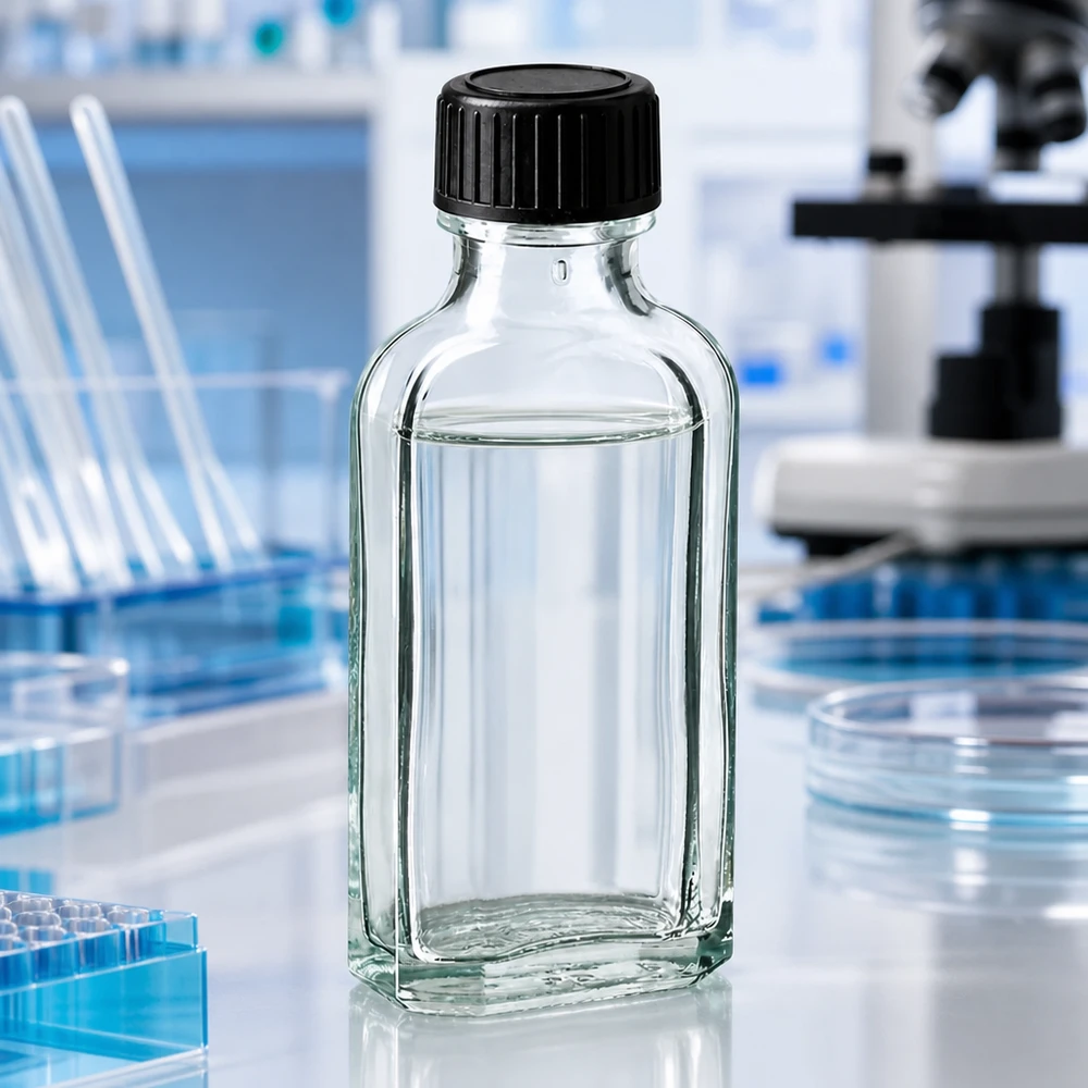 Gennemsigtig Meplat-flaske på 50 ml med LKD-tætningsskive til professionelt laboratoriemiljø