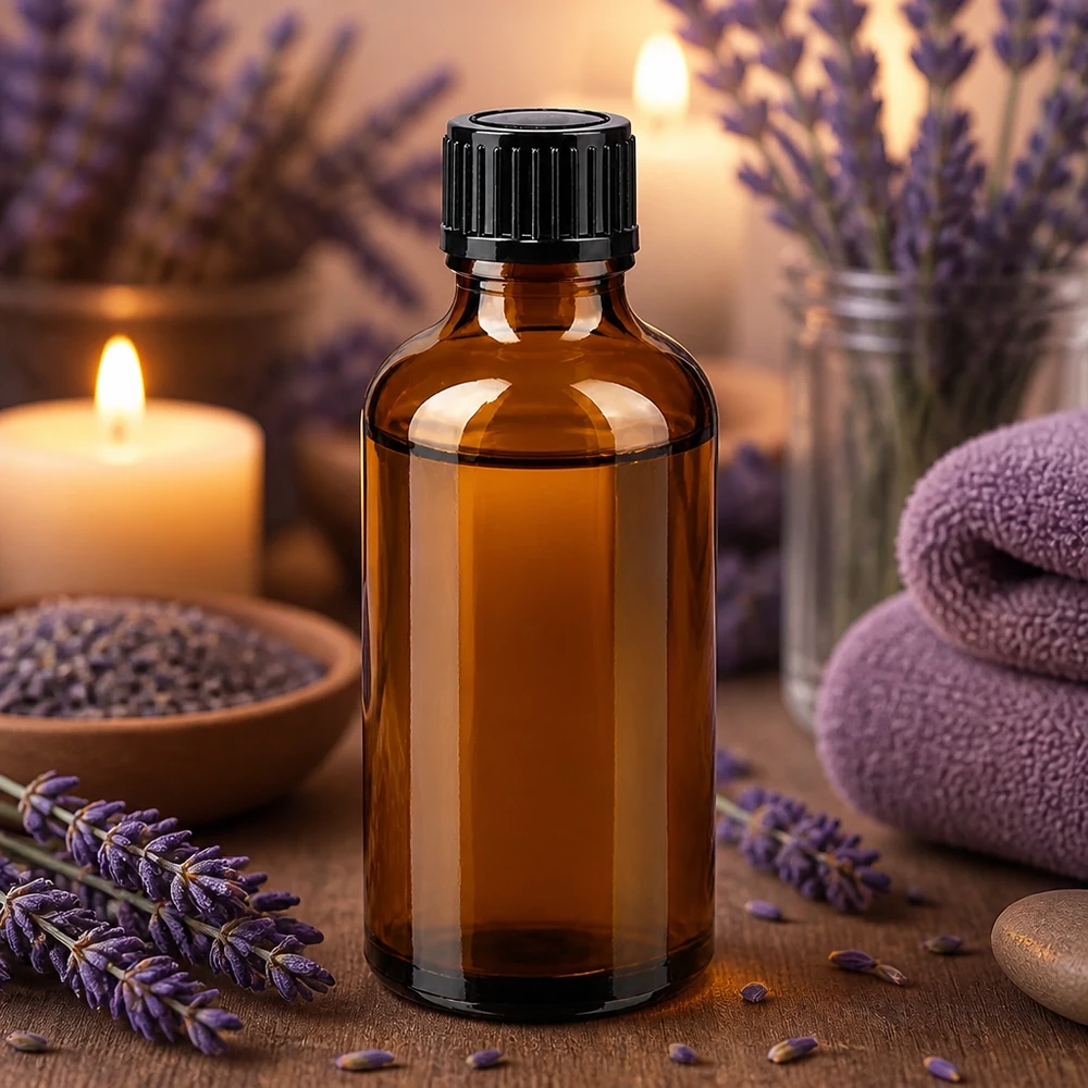 Apoteksflaske brun 50ml skruelåg sort pc Brun apotekerflaske på 50 ml med sort skruelåg ved siden af lavendelblomster og stearinlys