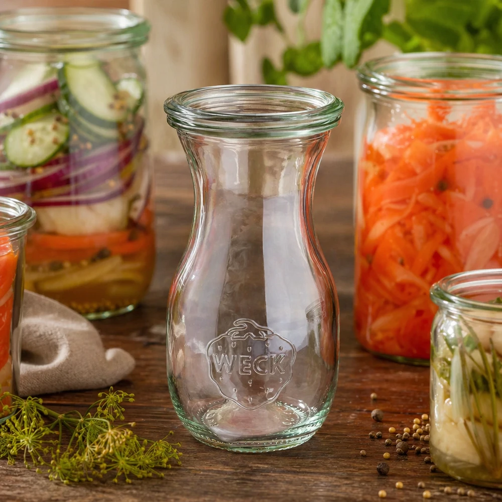 290 ml saftflaske med glaslåg WECK RR60 WECK juiceflaske 290ml RR60 tom i omgivelser med fyldte syltetøjsglas og friske krydderurter på træbord