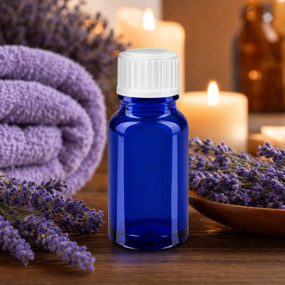Apoteksflaske blå 10ml skruelåg hvide kugler St 10 ml blå glasflaske med hvid prop, omgivet af lavendelblomster og stearinlys