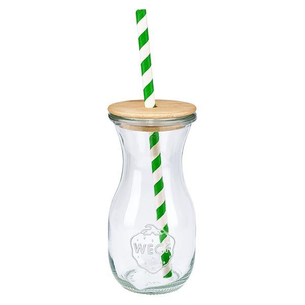 6 x WECK 290 ml juiceflaske RR60 med trælåg og 100 eco S WECK juiceflaske 290 ml med naturligt trælåg og grønt og hvidt øko-sugerør, enkeltstående drikkeglas