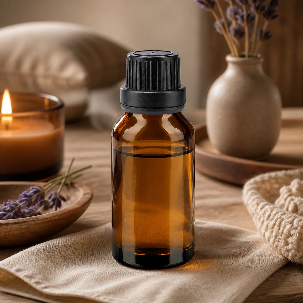 Apoteksflaske brun 30 ml skruelåg sort tæt OV Brun glasflaske på 30 ml med sort skruelåg på et stykke linned ved siden af lavendelblomster